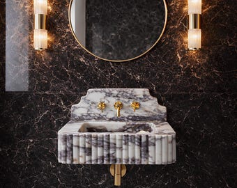 Calacatta Viola Marble Sink with Backsplash, Grooved Front, Wall Mounted Unique Marble Basin