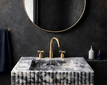 Luxury Calacatta Viola Marble Sink, Wall Mounted Handcarved Wash Basin, Ribbed Side Unique Sink