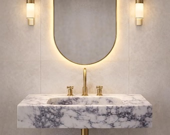 Luxury Calacatta Viola Marble Sink, Wall Mounted Handcarved Bathroom Wash Basin
