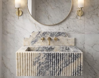 Hand Carved Calacatta Viola Marble Sink - Grooved Front - Custom Size Wall Mounted Sink with Backsplash
