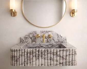 Calacatta Viola Marble Sink and Backsplash, Custom Size Hand Carved Viola Marble Sink, Personalized Natural Stone Basin