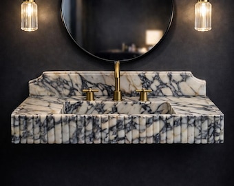 Luxury Custom Size Handcarved Calacatta Viola Marble Sink with Backsplash, Sleek for Bathroom Vanities, Wall Mounted Sink