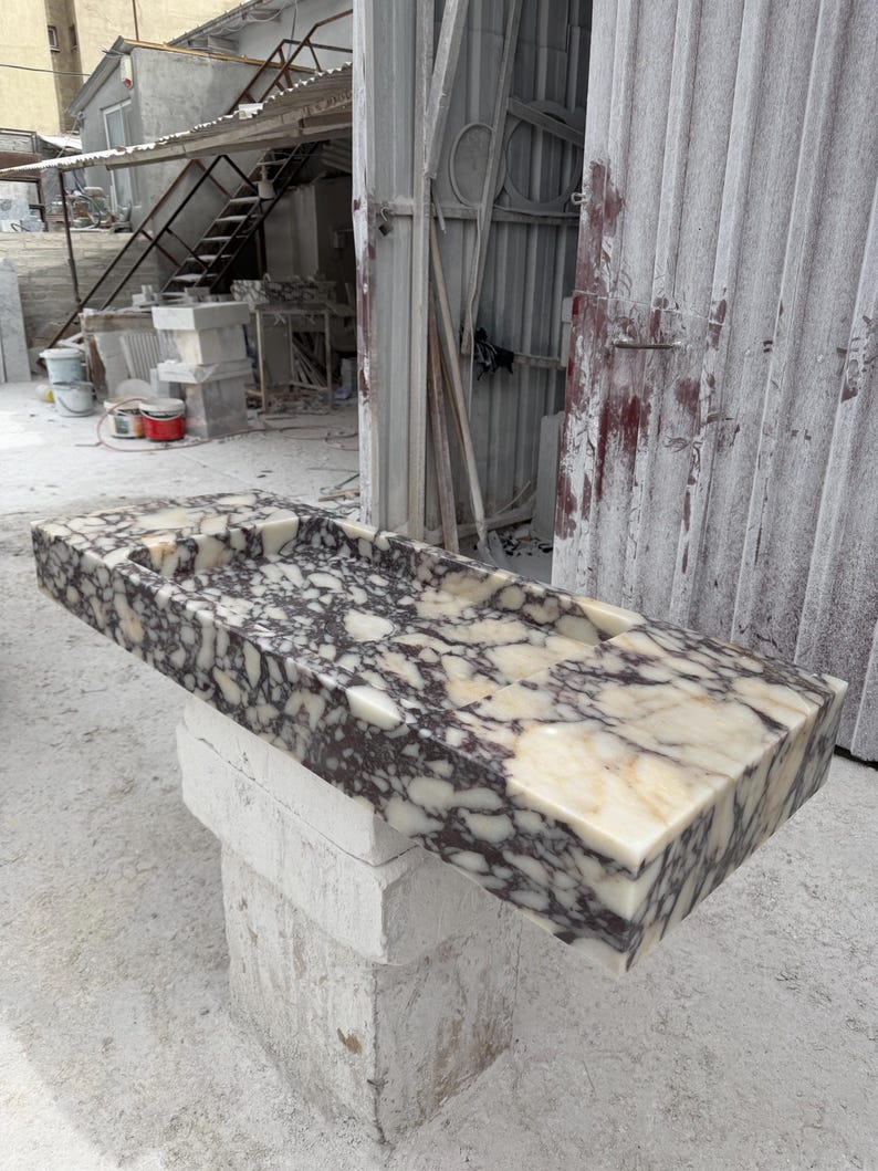 Luxury Calacatta Viola Marble Sink, Hand Carved Marble Washbasin, Natural Stone Bathroom Vanity image 6