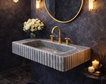 Luxury Gray Marble Sink, Wall Mounted Handcarved Wash Basin, Modern Stone Sink