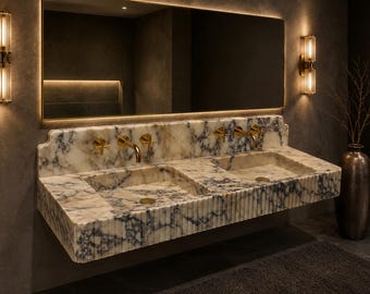 Luxury Calacatta Viola Double Marble Sink, Wall Mounted Handcarved Wash Basin