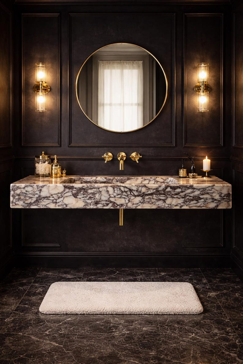 Luxury Calacatta Viola Marble Sink, Hand Carved Marble Washbasin, Natural Stone Bathroom Vanity image 1