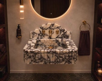 Luxury Calacatta Viola Marble Sink with Backsplash, Wall Mounted Natural Stone Washbasin