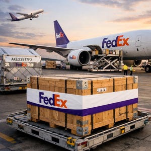 以下が含まれることがあります： 白いと紫のバナーにFedExのロゴが入った木製の箱が、金属製のカートに乗っています。背景にはFedExの貨物機があり、別の飛行機が離陸しています。空は青とオレンジが混ざっています。