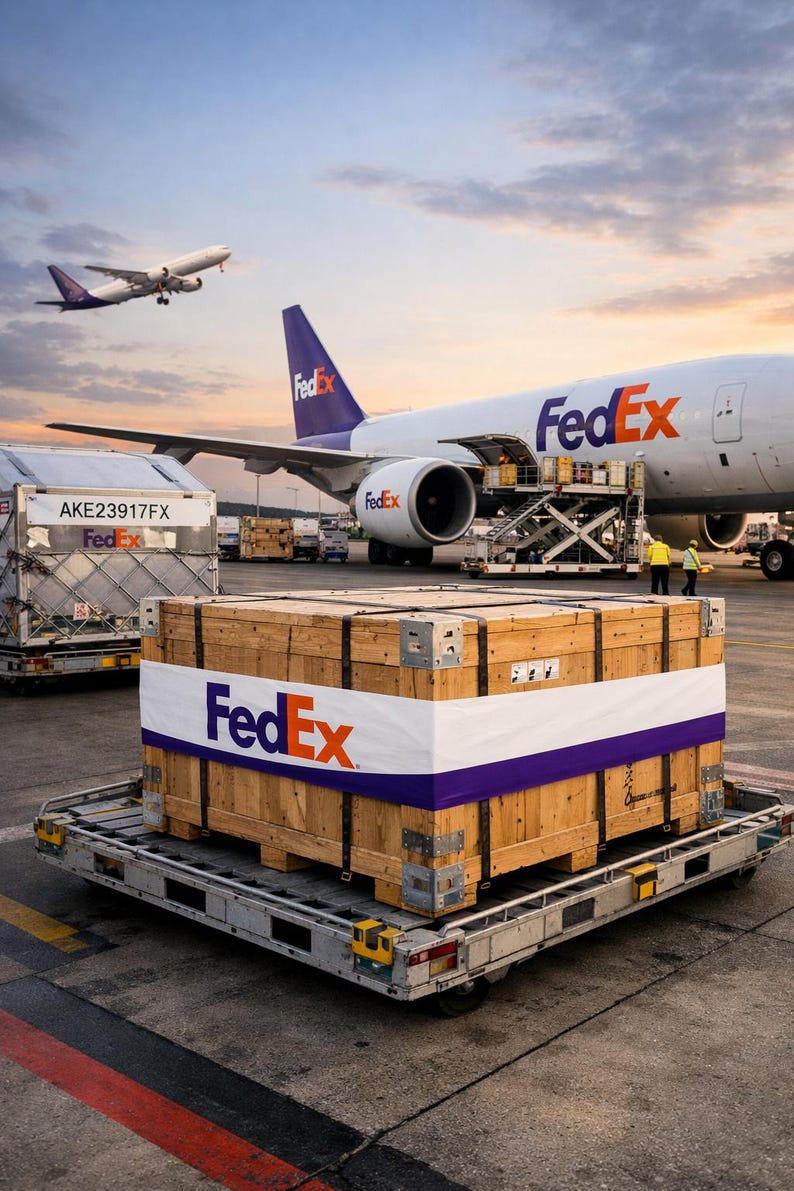 以下が含まれることがあります： 白いと紫のバナーにFedExのロゴが入った木製の箱が、金属製のカートに乗っています。背景にはFedExの貨物機があり、別の飛行機が離陸しています。空は青とオレンジが混ざっています。