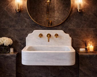 Handcrafted Carrara White Marble Wall Mount Sink with Backsplash, Luxury Natural Stone Basin, Modern Bathroom Vanity