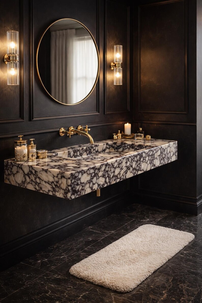 Luxury Calacatta Viola Marble Sink, Hand Carved Marble Washbasin, Natural Stone Bathroom Vanity image 3