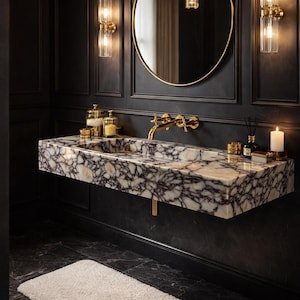 Luxury Calacatta Viola Marble Sink, Hand Carved Marble Washbasin, Natural Stone Bathroom Vanity image 4