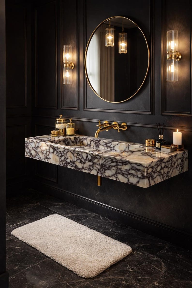 Luxury Calacatta Viola Marble Sink, Hand Carved Marble Washbasin, Natural Stone Bathroom Vanity image 4