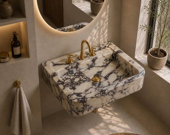 Luxury Calacatta Viola Marble Sink, Wall Mounted Handcarved Wash Basin, Bathroom Vanity