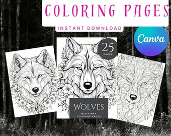 Wolves Coloring Sheet, Wolf Lover Gift, Animal Coloring Page, Adult Coloring Page, Printable Art , Colouring Pages, Instant Download, Wolf