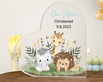 Personalized Christening Gift, Heart Shaped Acrylic Plaque, Safari Animals Gift, Gift for New Baby, Baptised Gift, Baptism Gift