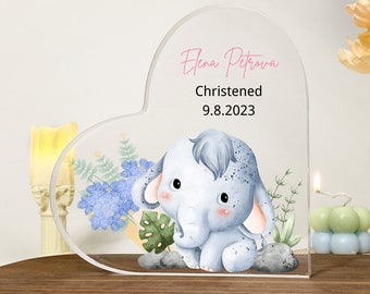 Baptism Gift,Personalized Christening Gift, Heart Shaped Acrylic Plaque, Safari Animals Gift, Gift for New Baby, Baptised Gift