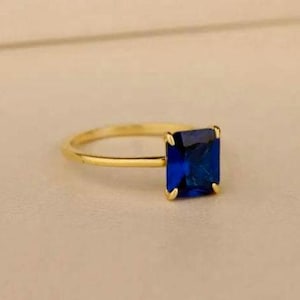 14K Solid Gold Blue Sapphire Ring – Minimalist Gold Ring with Emerald Cut Stone – Dainty September Birthstone Ring – Elegant Blue Gemstone