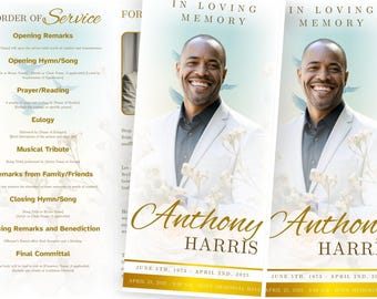 White Roses Funeral Program Template, Trifold Memorial (Canva PDF)