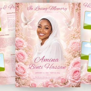 Könnte beinhalten: Ein Gedenkprogramm mit weichem rosa Hintergrund, mit einem Porträt von Amina Binti Hassan, mit den Daten 12. Januar 1993 - 20. Mai 2024. Das Design umfasst rosa Rosen, Tauben und den Text "In Loving Memory" und "Family & Friends."