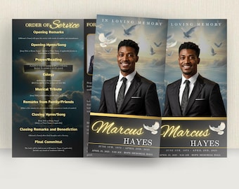 Elegant Black & Gold Funeral Program, Trifold Memorial Template (Canva PDF)