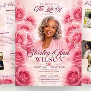 May include: A funeral program template featuring a central portrait of a woman surrounded by pink roses. Text includes Celebrating The Life Of, Shirley Ann Wilson, January 17, 1940 - February 20, 2026, and details for a memorial service at Eternal Baptist Church.
