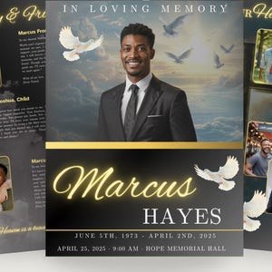 Pode incluir: Um programa de serviço memorial com um retrato de um homem de terno, com pombas e um fundo de céu nublado. O programa inclui o nome "Marcus Hayes", datas e fotos adicionais.