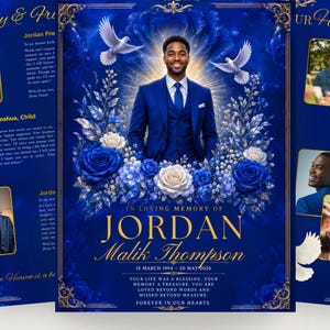 Può includere: Biglietto commemorativo con design blu e oro. Presenta un ritratto di un uomo in abito blu, circondato da colombe bianche e composizioni floreali. Il testo include "In Loving Memory of Jordan Malik Thompson."