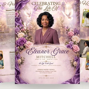 Pode incluir: Um modelo de programa funerário com o retrato de uma mulher em blazer malva, rodeado por rosas roxas e brancas, pombas brancas e tecido de cetim. O texto diz Celebrating The Life Of Eleanor Grace Mitchell, 14 de abril de 1948 - 3 de março de 2026.