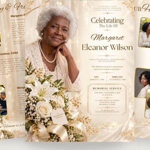 Könnte beinhalten: Ein Gedenkprogramm mit einem Porträt einer älteren Frau mit weißem Haar, umgeben von weißen Lilien und Rosen. Der Text enthält Celebrating The Life Of Margaret Eleanor Wilson, Daten und Details zum Gottesdienst in Gold und Schwarz.