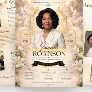 Editable White Gold Funeral Program Template, Celebration of Life, Bi-Fold Memorial Program,Editable Digital Download, Obituary Template
