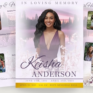 Puede incluir: Anuncio de servicio conmemorativo con un retrato de una mujer sonriente con un vestido morado. El anuncio incluye el nombre "Keisha Anderson", fechas y detalles del evento. También se incluyen fotos y texto adicionales.