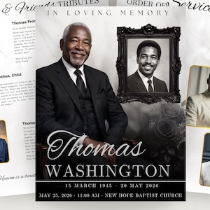 May include: A memorial service program with the name "Thomas Washington" in elegant script. The program includes photos of the deceased, dates, and the phrase "In Loving Memory." Additional text includes "Family & Friends Tributes" and "Order of Service."