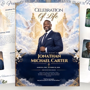 May include: A funeral programme template featuring a portrait of a man in a suit, the text Celebration of Life, In Loving Memory of Jonathan Michael Carter, March 14, 1968 - October 22, 2026, Forever in Our Hearts, and images of white doves and clouds.
