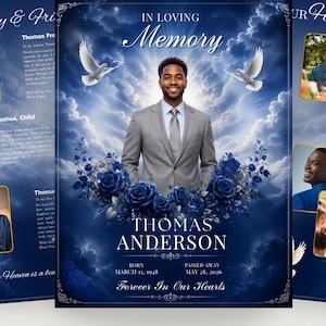Puede incluir: Una plantilla de programa funerario con el retrato de un hombre en traje gris sobre un cielo azul nublado, palomas blancas y rosas azul oscuro. El texto dice IN LOVING MEMORY, THOMAS ANDERSON, BORN MARCH 15, 1948, PASSED AWAY MAY 28, 2026.