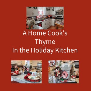 May include: A kitchen decorated for the holidays with a white cabinet, granite countertops, and a red and white plaid tablecloth. The kitchen is decorated with Christmas decorations, including a small house, a wreath, and a snowman. The text "Let's Get Sippy" is on a mug.