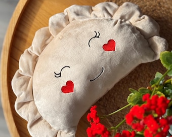 Plush Pierogi Pillow with Red Hearts – Dumpling Love Gift | Handmade in Poland | Cute Food Plush Toy
