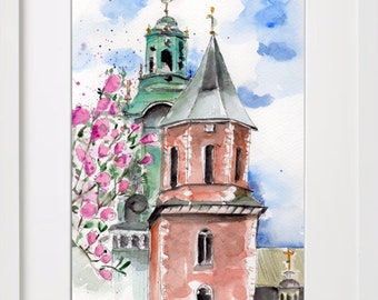 Watercolour Artwork Magnolia at Wawel's Courtyard, Krakow, Poland