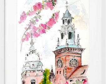 Watercolour Artwork Cherry Blossoms at Wawel Castle, Krakow, Poland