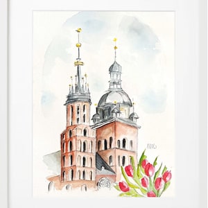 Aquarell Zeichnung Tulpen in der Marienbasilika in Krakau, Polen
