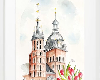 Watercolour Artwork Tulips at St. Mary's Basilica, Krakow, Poland