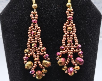 Copper Seed Beads and Fire Polished Fauceted Bronze Bead Drop Earrings