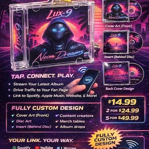 Könnte beinhalten: Benutzerdefinierter Mini-CD-Schlüsselanhänger mit Albumcover-Artwork "Neon Dreams". Das transparente Gehäuse enthält eine CD mit passendem Artwork. Das Design enthält den Text "Lux-9" und ein futuristisches Bild. Der Schlüsselanhänger ist für die NFC-Verbindung konzipiert.