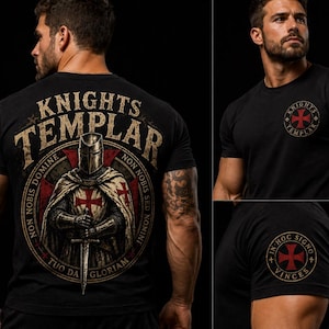 Könnte beinhalten: Ein schwarzes T-Shirt mit einer großen Grafik auf der Rückseite eines Ritters in Rüstung, der ein Schwert hält, mit dem Text KNIGHTS TEMPLAR und NON NOBIS DOMINE NON NOBIS SED NOMINE TUO DA GLORIAM. Brust und Ärmel zeigen ein rotes Kreuz-Emblem.