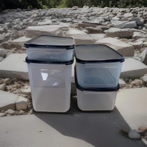 Puede incluir: Cuatro recipientes de plástico transparente para guardar alimentos con tapas negras apilados sobre una superficie de hormigón. Dos recipientes son más altos y rectangulares, mientras que los otros dos son más cortos y cuadrados.