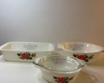 Vintage JAJ Pyrex England Pyrex Cottage Rose Round Dish Casserole with Original Lid7”,round casserole 9” without lid and rectangular 10”