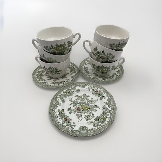 Enoch Wedgwood Tunstall Ltd Kent Green White Tea- Cup Set of 6 & 3