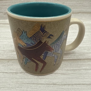 Laurel Burch NATIVE HORSES Mug Cup Cream W/ Gold 14 Oz Signed 2004
