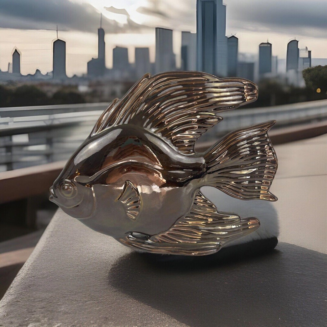 Big Fish Ceramic Statue Saltwater Fish Brown Glazed 11