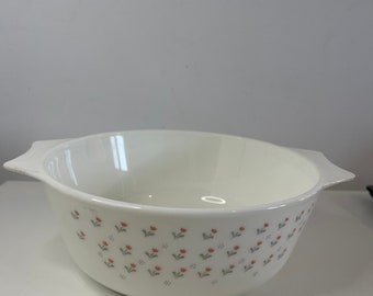 Vintage/Retro 80s Pyrex 'Laura' Pink Tulip White Milk Glass Casserole Dish With Handles - - Made in England